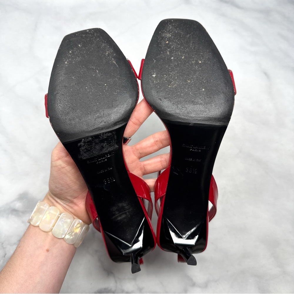 Saint Laurent Strappy Patent Leather Square Toe Ankle Strap Mid Sandal Heels Red - Picture 9 of 14